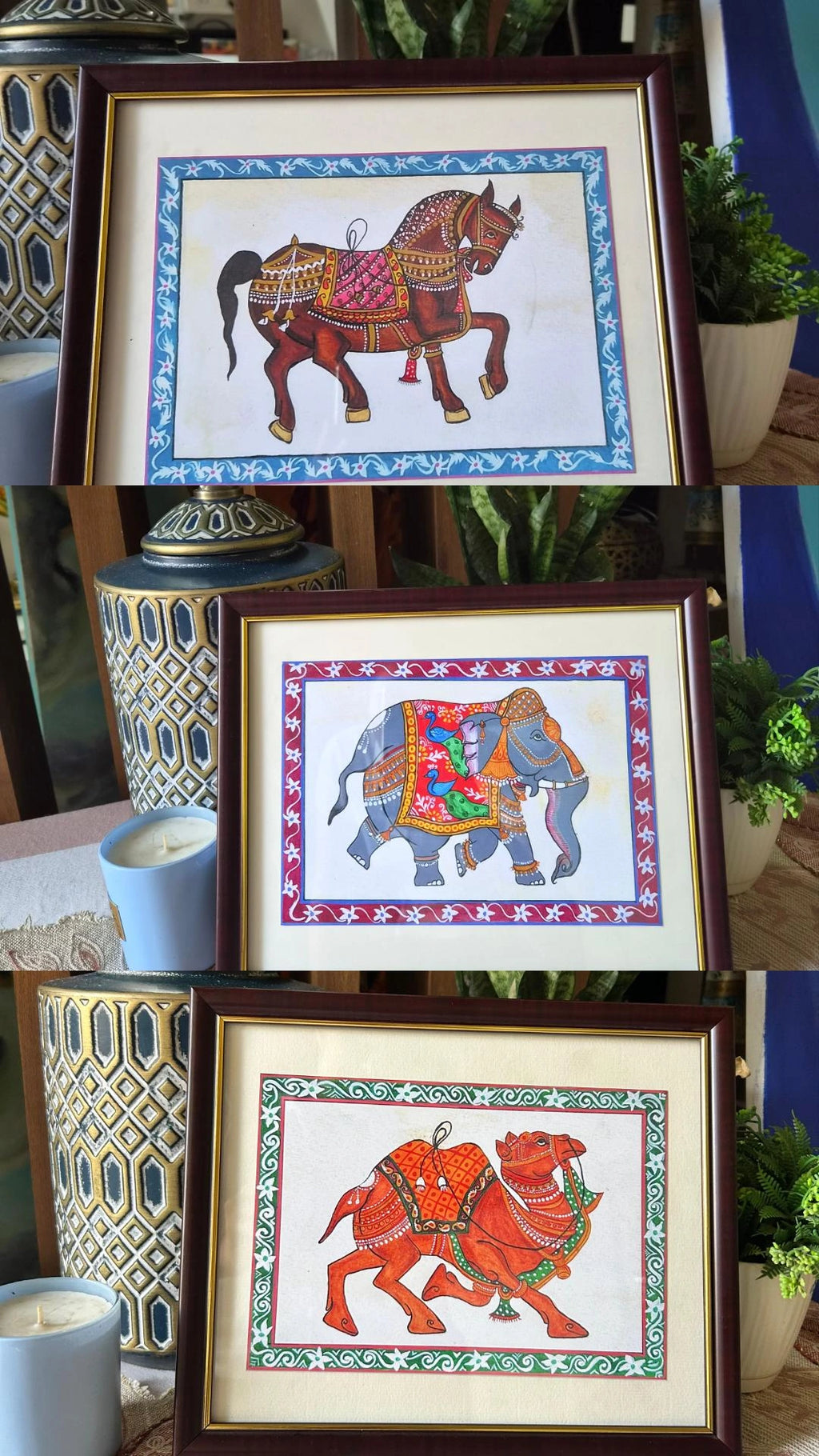 Traditional Horse, Camel , Elephant on High Quality Non Archival paper - Framed Art Print (Pack of 3)